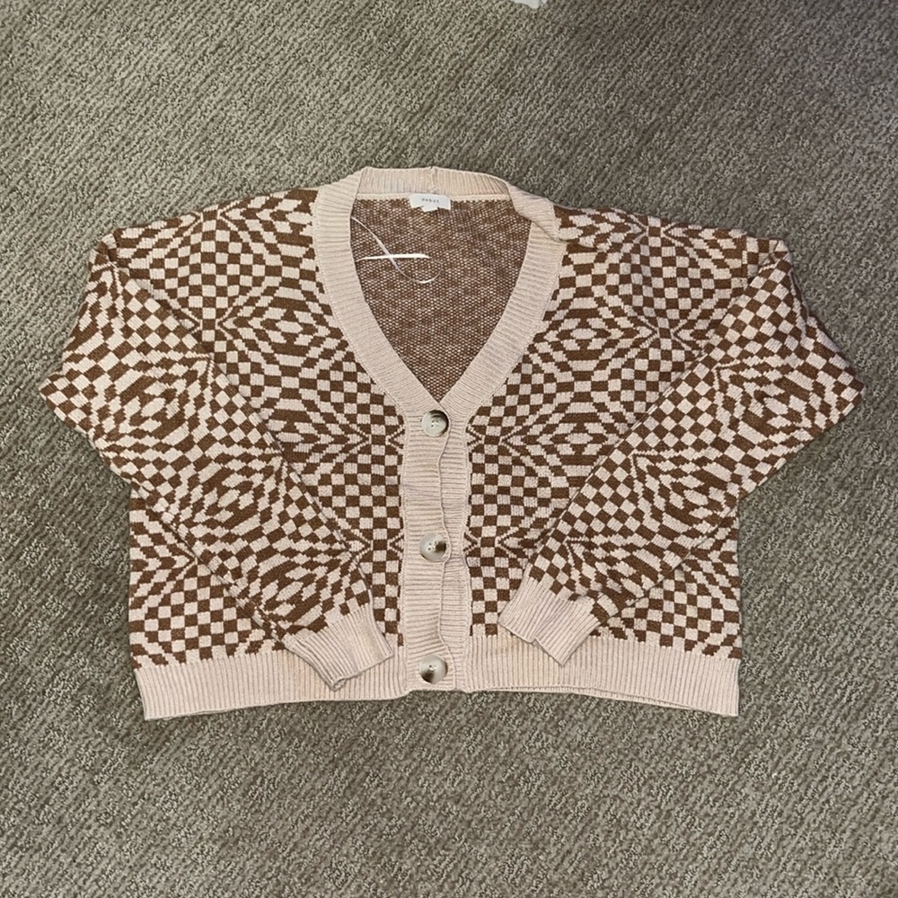 Checkered tan/brown cardigan